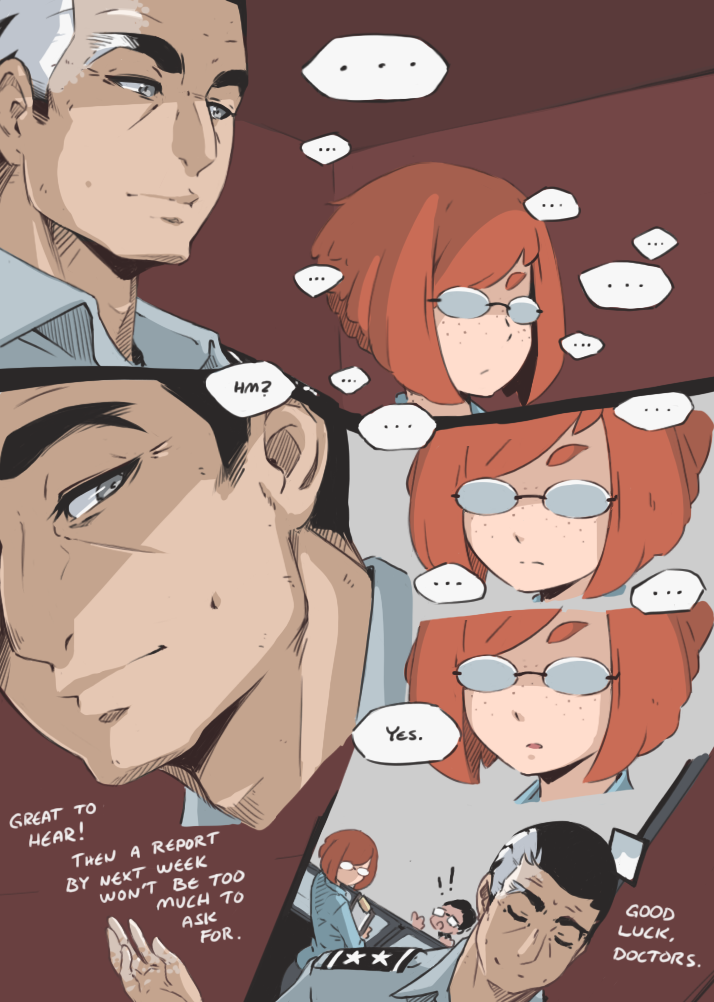 1boy, 2girls, black-framed_eyewear, black_hair, clipboard, dr._molly_simon, dr._sif_runarsdottir, english