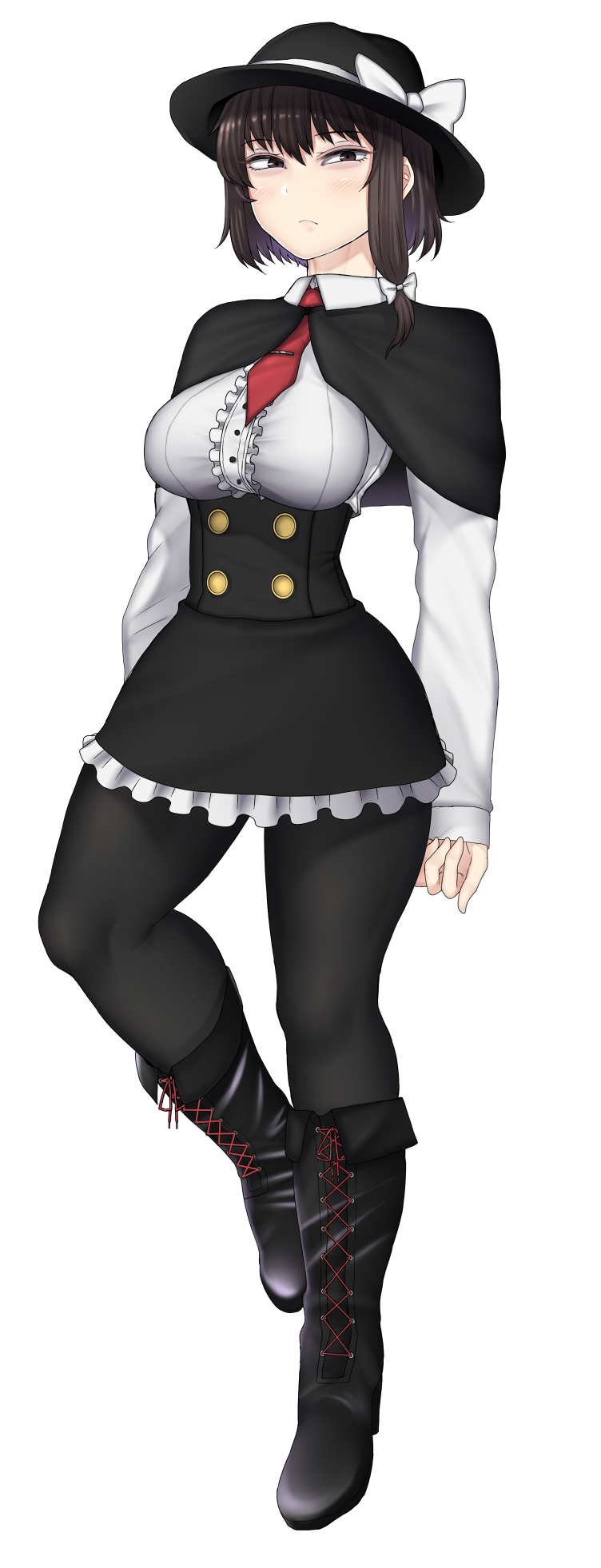 1girl, boots, bow, brown_hair, corset, fedora, hat, hat_bow