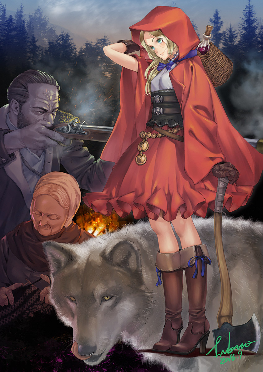 1boy, 2girls, aiming, animal, antique_firearm, aqua_eyes, axe, basket