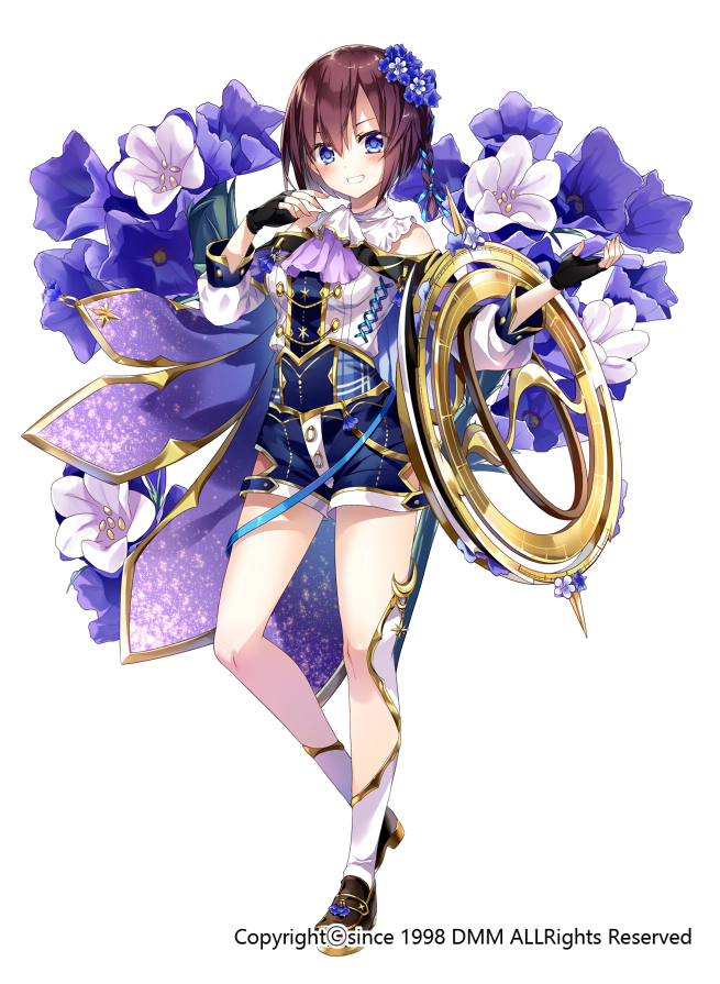 1girl, black_gloves, blue_eyes, blue_ribbon, blue_shorts, blush, braid, brown_footwear, brown_hair, cravat, emia_(castilla), fingerless_gloves, flower, flower_knight_girl, full_body, gloves, grin, hair_flower, hair_ornament, hair_ribbon, looking_at_viewer, object_namesake, official_art, ribbon, shoes, short_hair, shorts, side_braid, smile, solo, standing, statice_(flower_knight_girl), white_legwear