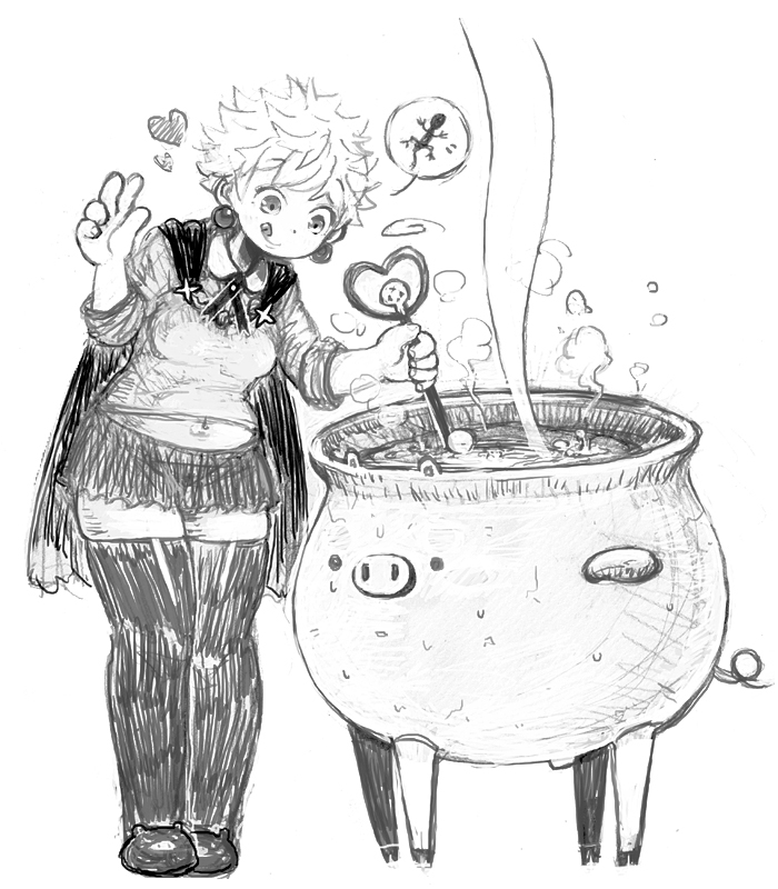 :d, belly, black_skirt, cape, cauldron, earrings, fujinozu, greyscale