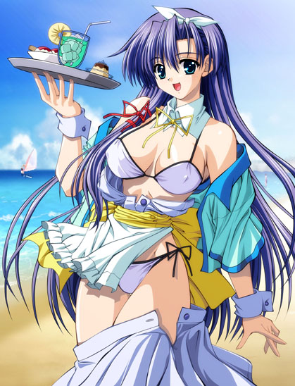 artist_request, beach, bikini, blue_hair, drink, erect_nipples, green_eyes, long_hair