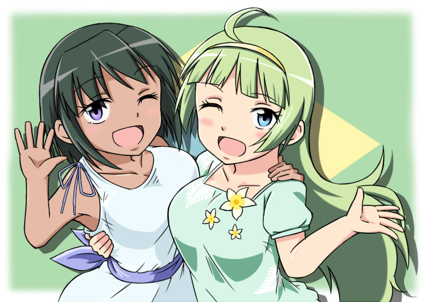 2girls, ahoge, arm_around_back, arm_around_shoulder, bangs, black_hair, blue_eyes, blunt_bangs