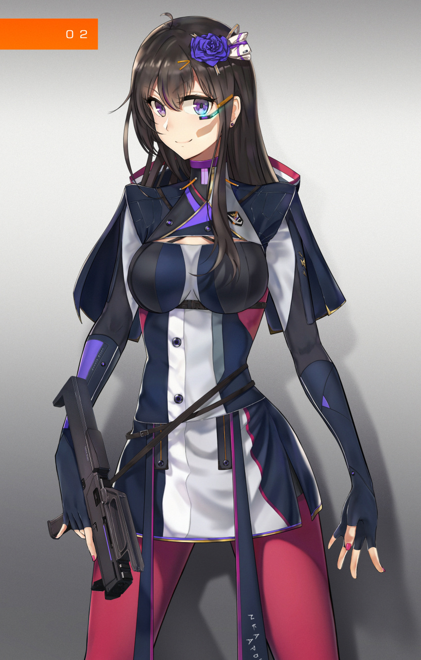 1girl, absurdres, bangs, black_gloves, blue_flower, blue_rose, breasts, brown_hair