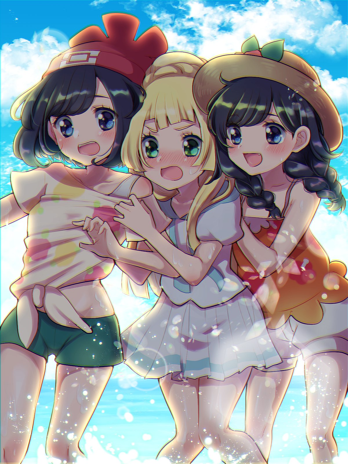 3girls, bangs, beach, black_hair, blonde_hair, blue_sky, blush, floral_print, hair_ornament, hat, highres, lillie_(pokemon), long_hair, midriff_peek, mizuki_(pokemon), mokorei, multiple_girls, open_mouth, pleated_skirt, pokemon, pokemon_(game), pokemon_sm, red_beanie, sailor_collar, school_uniform, serafuku, shirt, short_hair, shorts, skirt, sky, smile, standing, straw_hat, tied_shirt, twintails