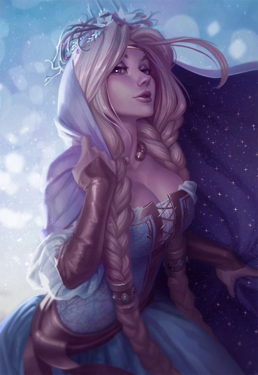 1girl, braid, breasts, circlet, cleavage, cloak, commentary, english_commentary
