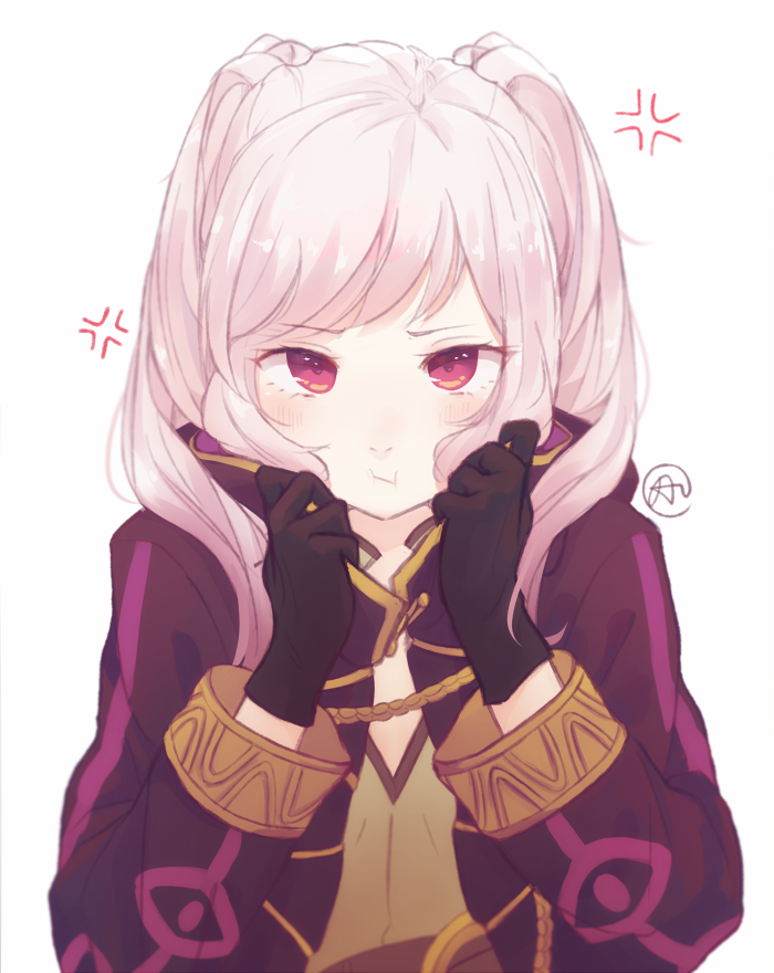 1girl, aftergardens, anger_vein, blush, cloak, female_my_unit_(fire_emblem:_kakusei), fire_emblem, fire_emblem:_kakusei, gloves, long_hair, looking_at_viewer, my_unit_(fire_emblem:_kakusei), puffed_cheeks, red_eyes, robe, silver_hair, solo, twintails, white_hair