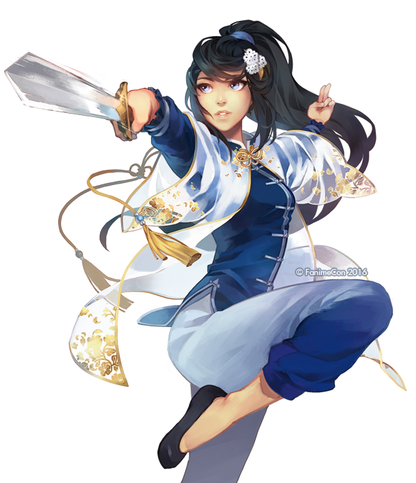 1girl, 2016, amber_(fanime), black_hair, blue_eyes, chinese_clothes, commentary, english_commentary, fanime, fighting_stance, finni_chang, flats, flower, hair_flower, hair_ornament, image_sample, mascot, pants, scrunchie, see-through, standing, standing_on_one_leg, sword, transparent_background, tumblr_sample, weapon