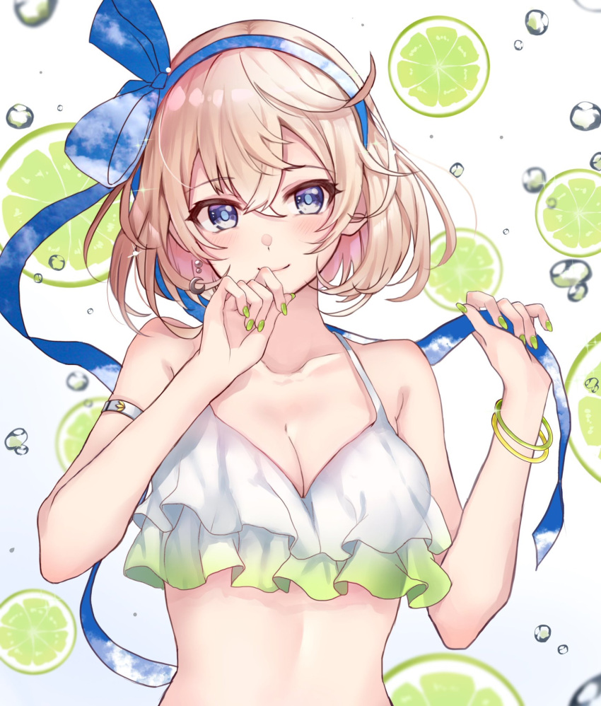 1girl, bangle, bangs, bare_shoulders, bikini, bikini_top, blue_bow, blue_hairband