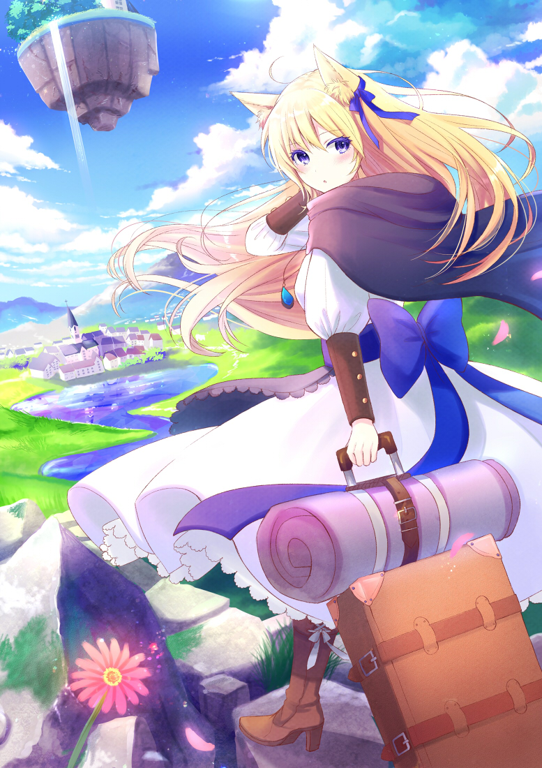 1girl, animal_ears, apron, bangs, black_apron, black_cape, blonde_hair, blue_bow