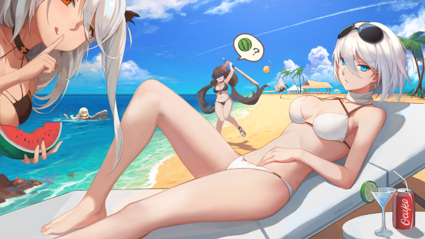 5girls, alternate_costume, azur_lane, bangs, barefoot, baseball_bat, beach, bikini