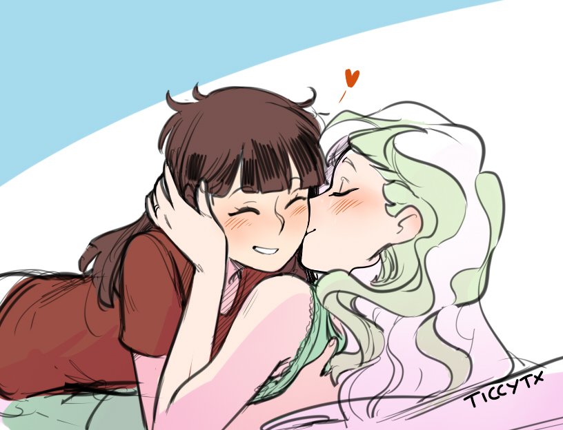 2girls, blush, cheek_kiss, closed_eyes, couple, diana_cavendish, kagari_atsuko, kiss, little_witch_academia, long_hair, multiple_girls, smile, ticcy, yuri