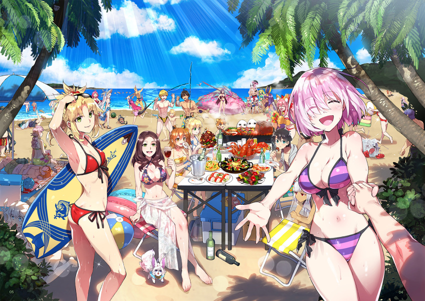 ahoge, animal_ears, annotation_request, artoria_pendragon_(all), artoria_pendragon_(swimsuit_archer), atalanta_(fate), barbecue, barefoot, beach, bikini, blonde_hair, bottle, breasts, character_request, cleopatra_(fate/grand_order), closed_eyes, dark_skin, day, eating, edward_teach_(fate/grand_order), elizabeth_bathory_(fate)_(all), fate/apocrypha, fate/extra, fate/grand_order, fate/prototype, fate/prototype:_fragments_of_blue_and_silver, fate/stay_night, fate/zero, fate_(series), fishing_rod, florence_nightingale_(fate/grand_order), food, fou_(fate/grand_order), fox_ears, francis_drake_(fate), fujimaru_ritsuka_(female), fujimaru_ritsuka_(male), fujimura_taiga, gilgamesh, green_eyes, hans_christian_andersen_(fate), jack_the_ripper_(fate/apocrypha), jackal_ears, jaguarman_(fate/grand_order), jeanne_d'arc_(fate)_(all), jeanne_d'arc_alter_santa_lily, julius_caesar_(fate/grand_order), large_breasts, leonardo_da_vinci_(fate/grand_order), long_hair, looking_at_viewer, lossy-lossless, male_swimwear, marie_antoinette_(fate/grand_order), marie_antoinette_(swimsuit_caster)_(fate), mash_kyrielight, medium_breasts, medjed, mordred_(fate)_(all), mordred_(swimsuit_rider)_(fate), multiple_girls, nitocris_(fate/grand_order), nursery_rhyme_(fate/extra), ocean, open_mouth, out_of_frame, ozymandias_(fate), pink_hair, pov, pov_hands, purple_hair, red_bikini, redrop, ribbon, saber, scathach_(fate)_(all), scathach_(fate/grand_order), scathach_(swimsuit_assassin)_(fate), short_hair, side-tie_bikini, small_breasts, smile, stitched, summer, sunglasses, swim_briefs, swimsuit, swimwear, tabard, tail, tamamo_(fate)_(all), tamamo_cat_(fate), third-party_edit, violet_eyes, william_shakespeare_(fate)