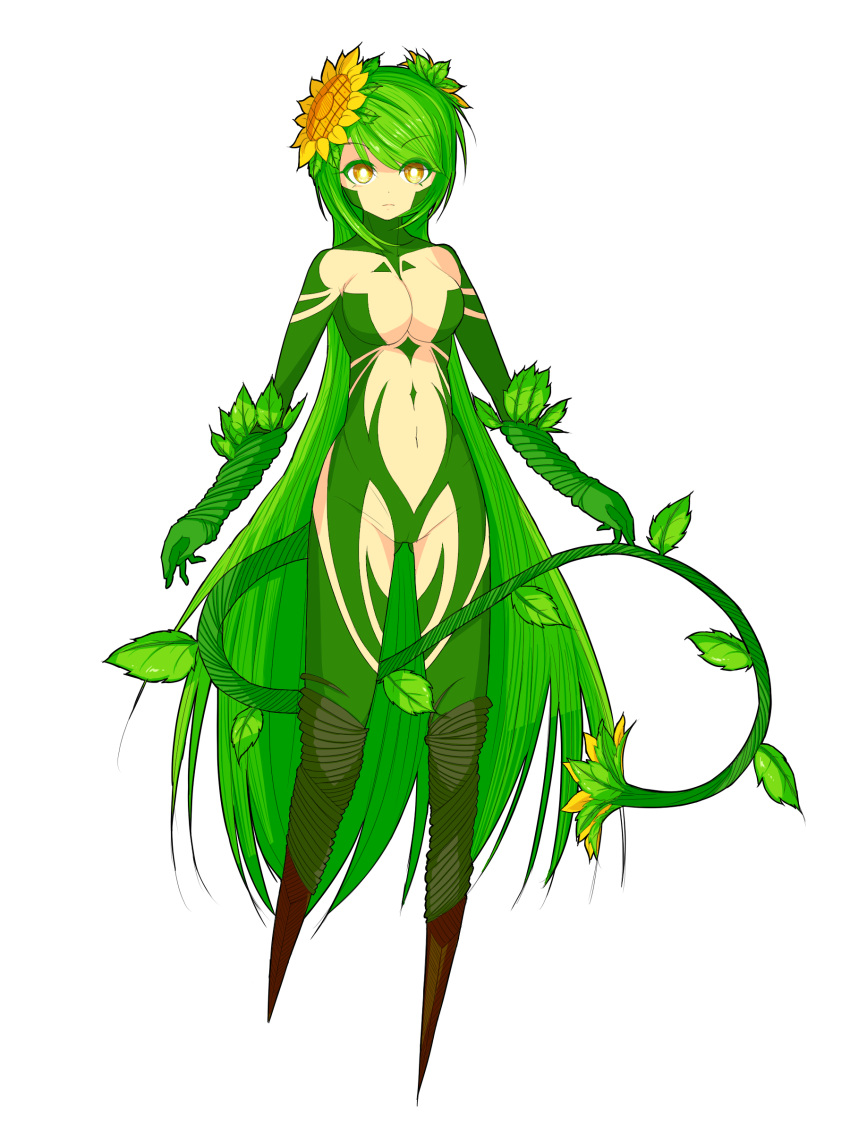 1girl, absurdres, between_legs, expressionless, eyebrows_visible_through_hair, flower, green_hair, green_skin, hair_flower, hair_ornament, highres, leaf, long_hair, monster_girl, multicolored, multicolored_skin, no_feet, original, plant, plant_girl, sayakamulya, solo, sunflower, tail, tail_between_legs, very_long_hair, vines, white_background, yellow_eyes