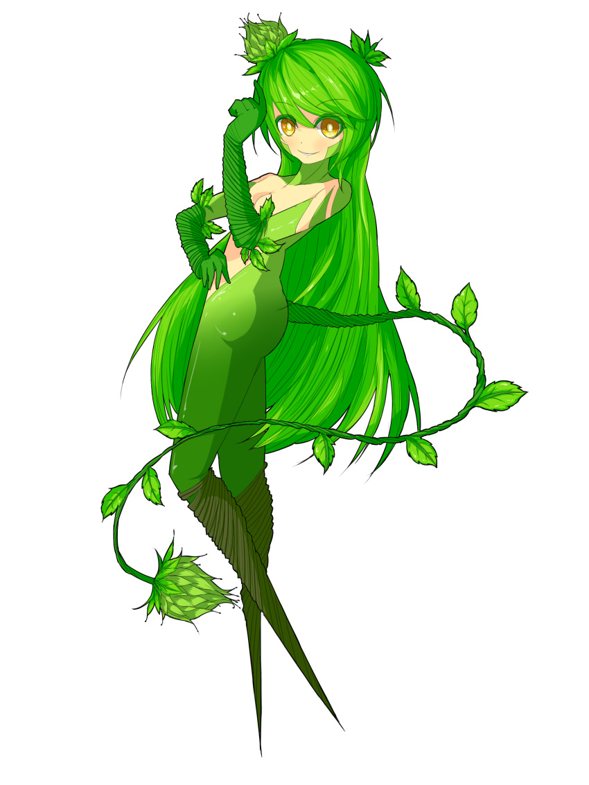 1girl, absurdres, commentary, eyebrows_visible_through_hair, flower, green_hair, green_skin, grin, hand_on_hip, highres, leaf, long_hair, monster_girl, multicolored, multicolored_skin, no_feet, original, plant, plant_girl, sayakamulya, smile, solo, sunflower, tail, vines, white_background, yellow_eyes