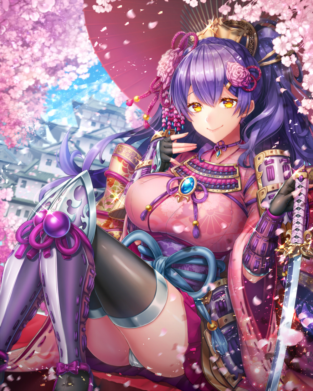 1girl, architecture, black_gloves, black_legwear, blue_sky, bracer, breasts, cherry_blossoms