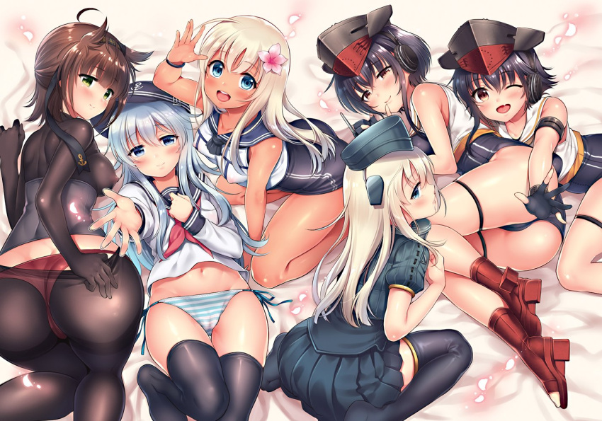 6+girls, ahoge, anchor_symbol, arm_up, armband, ass, asymmetrical_hair, bangs, bed_sheet, black_bodysuit, black_hair, black_legwear, blue_eyes, blue_swimsuit, blush, bodysuit, boots, breasts, brown_eyes, brown_hair, closed_mouth, clothes_writing, corset, crop_top, cropped_jacket, eyebrows_visible_through_hair, flat_cap, flower, framed_breasts, garrison_cap, gloves, grey_eyes, hair_between_eyes, hair_flaps, hair_flower, hair_ornament, hairband, hat, hatsuzuki_(kantai_collection), headband, headgear, headphones, hibiki_(kantai_collection), high_heel_boots, high_heels, i-13_(kantai_collection), i-14_(kantai_collection), kantai_collection, large_breasts, legs, long_hair, looking_at_viewer, lying, military, military_uniform, multiple_girls, navel, neckerchief, nipples, on_back, on_bed, on_side, one-piece_swimsuit, open_mouth, panties, pantyhose, partly_fingerless_gloves, petals, puffy_sleeves, red_panties, ro-500_(kantai_collection), sailor_collar, sasachin_(k+w), school_swimsuit, school_uniform, seiza, serafuku, shirt, short_hair, side-tie_panties, silver_hair, single_glove, sitting, skirt, smile, swimsuit, swimsuit_under_clothes, tan, tanline, thigh-highs, thighs, u-511_(kantai_collection), underwear, undressing, uniform, white_hair, yellow_eyes