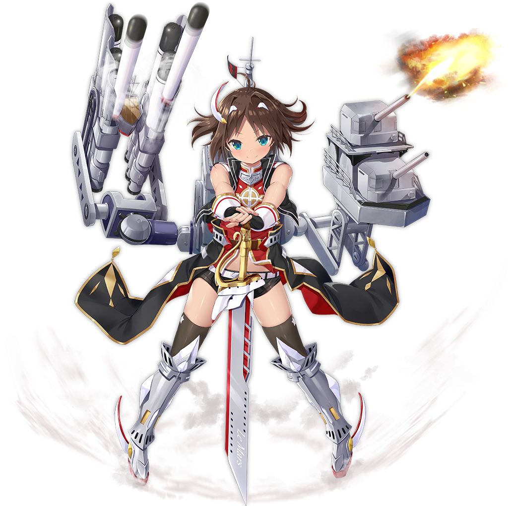 1girl, ahoge, azur_lane, black_gloves, black_legwear, blush, brown_hair, cannon