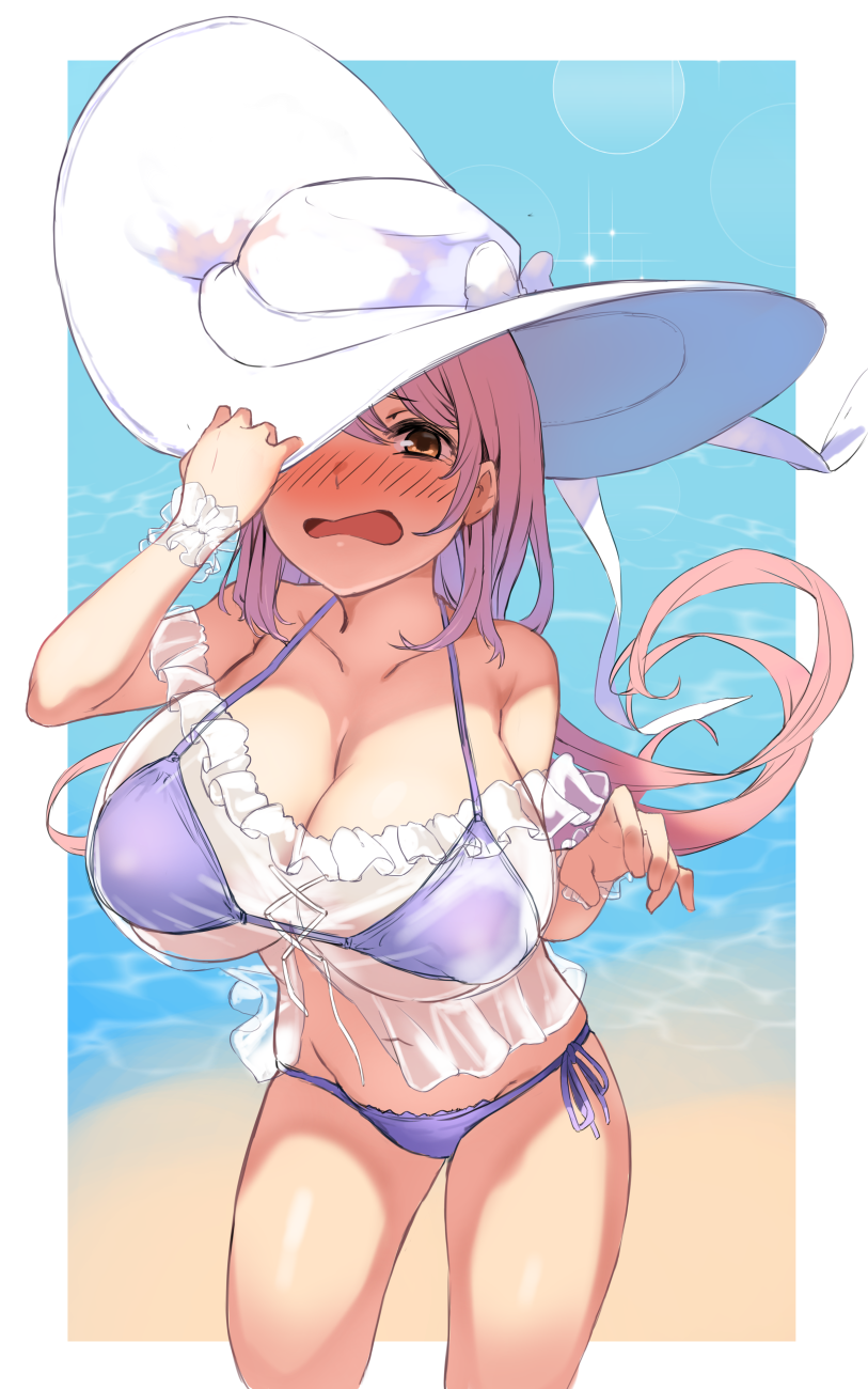 1girl, azur_lane, beach, bikini, blue_bikini, blush, border, breasts