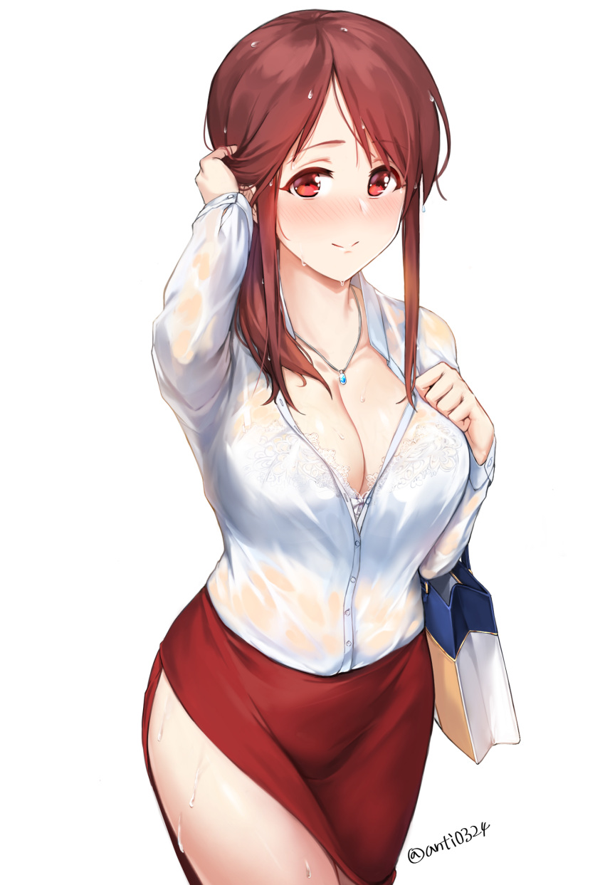 1girl, blouse, blush, bra, breasts, brown_eyes, brown_hair, cinderella_girls_gekijou