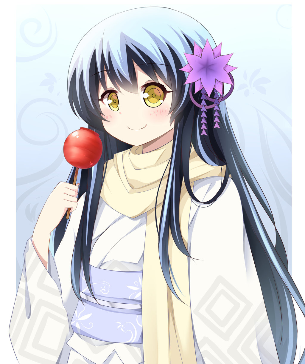 1girl, agung_syaeful_anwar, blue_hair, blush, candy_apple, closed_mouth, commentary, english_commentary
