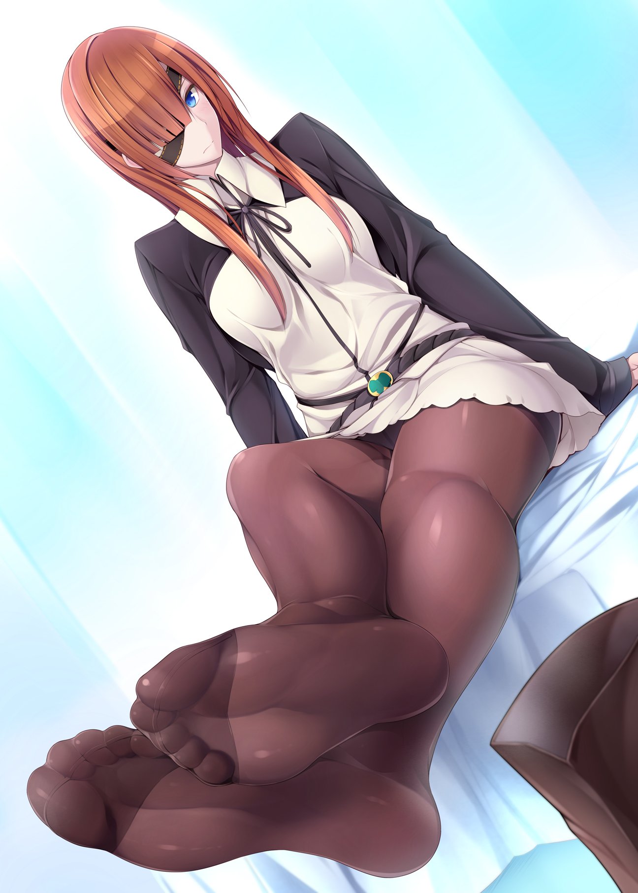 1girl, arms_at_sides, bangs, bed, bed_sheet, black_panties, black_ribbon, blue_eyes