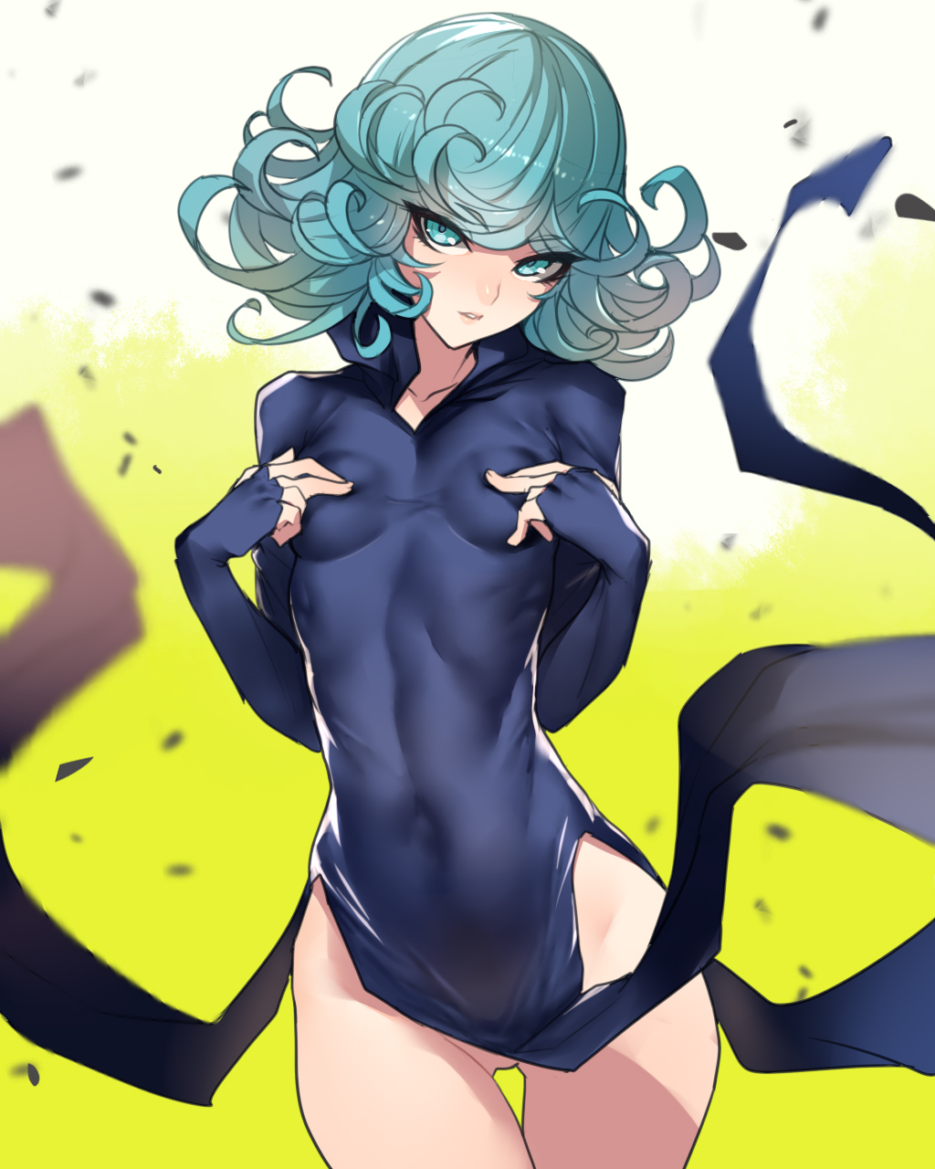 1girl, ban, black_dress, blurry, blurry_background, breasts, covered_navel, covering_nipples