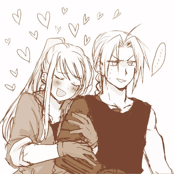 ..., 1boy, 1girl, antenna_hair, automail, bangs, black_shirt, blush
