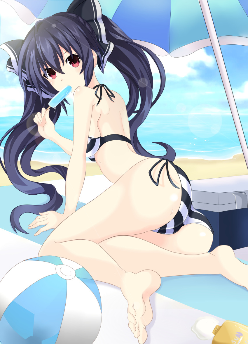 1girl, absurdres, barefoot, beach, bikini, black_bikini, black_hair, blush