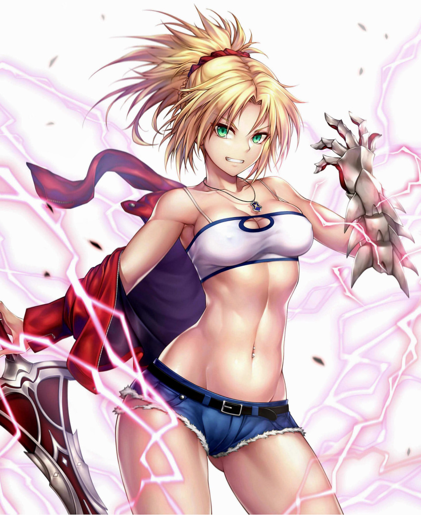 1girl, abs, bandeau, bare_shoulders, belt, blonde_hair, braid, breasts