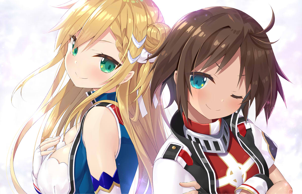 2girls, ;), azur_lane, blonde_hair, breasts, brown_hair, crossed_arms, fingerless_gloves