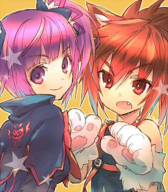 1boy, 1girl, aisha_(elsword), animal_ears, battle_magician_(elsword), cat_paws, cloak, elsword