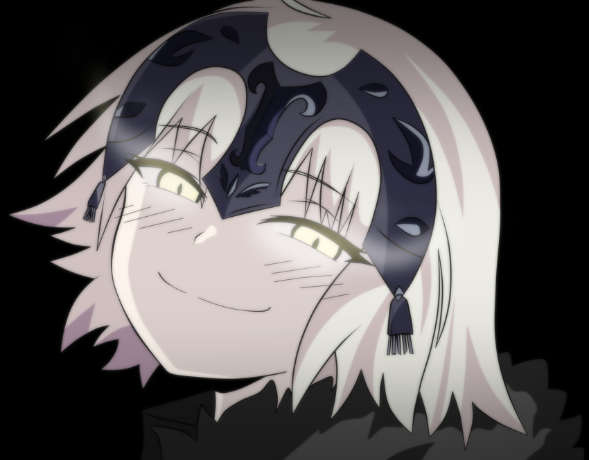>:), 1girl, ahoge, closed_mouth, derivative_work, doyagao, fate/grand_order, fate_(series), fur_trim, headpiece, highres, jeanne_d'arc_(alter)_(fate), jeanne_d'arc_(fate), jeanne_d'arc_(fate)_(all), looking_at_viewer, silver_hair, smirk, smug, solo, yasukochaos, yellow_eyes
