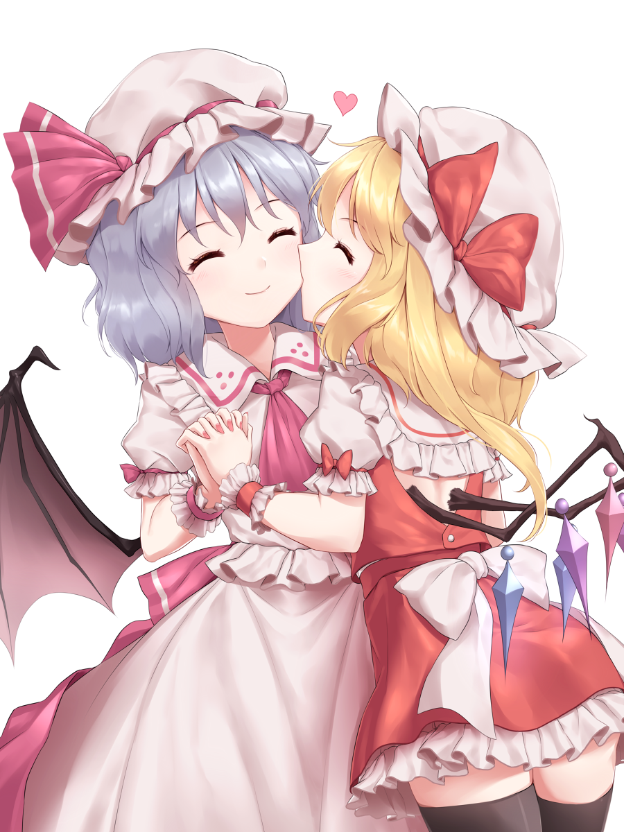 2girls, ^_^, ascot, ass, back_cutout, bat_wings, black_legwear, blonde_hair
