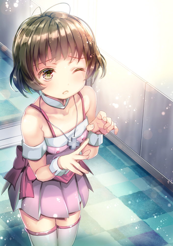 1boy, akizuki_ryou, antenna_hair, blush, brown_eyes, brown_hair, checkered, checkered_floor