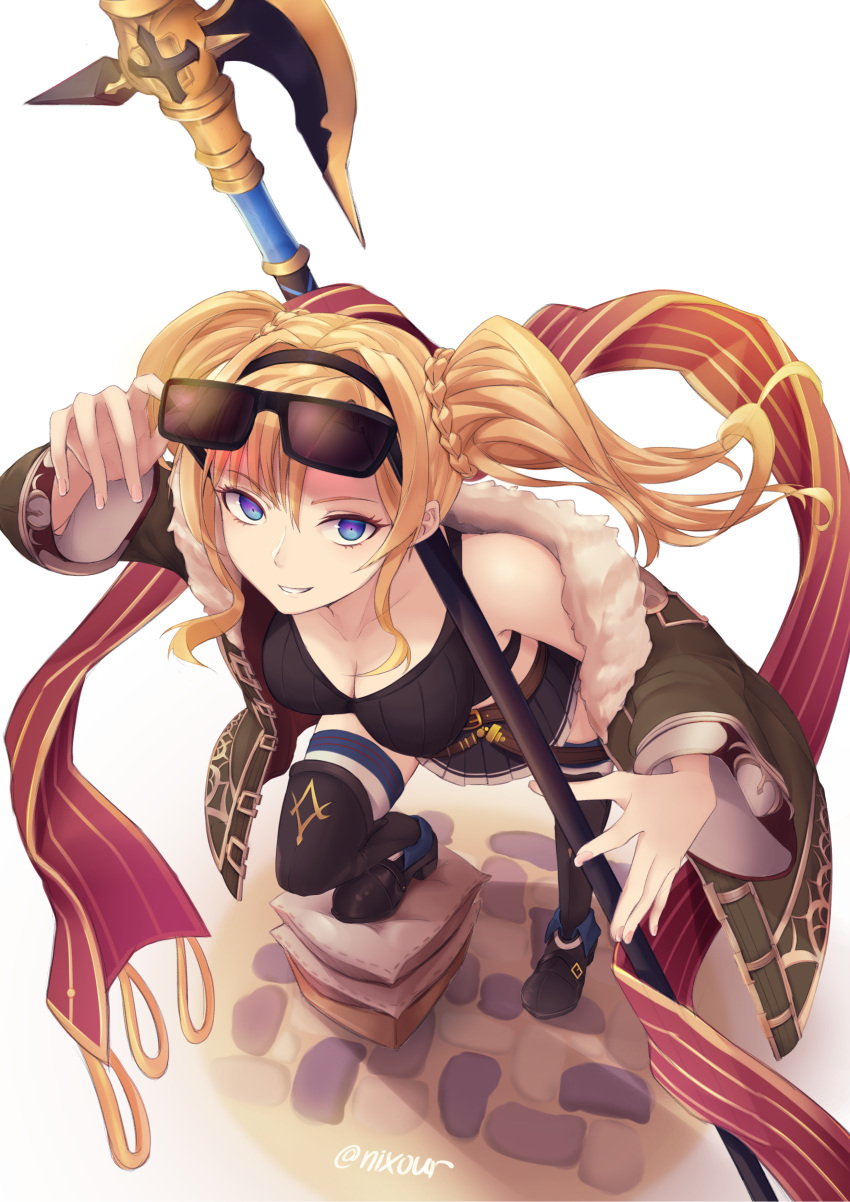 1girl, absurdres, adjusting_eyewear, angruoxin, axe, blonde_hair, blue_eyes, boots