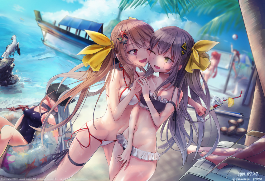 6+girls, absurdres, alternate_costume, amamami_prime, arm_ribbon, bangs, beach_volleyball, bikini, bird, black_ribbon, blurry, blurry_background, blush, boat, breasts, brown_eyes, brown_hair, chair, cheek-to-cheek, cleavage, coconut, collarbone, commentary_request, cup, dated, day, drinking_glass, drinking_straw, drooling, eyebrows_visible_through_hair, food, frilled_bikini, frills, fruit, g11_(girls_frontline), girls_frontline, groin, hair_between_eyes, hair_ornament, hair_ribbon, hat_on_face, highres, hk416_(girls_frontline), holding, holding_drinking_glass, huge_filesize, innertube, jumping, knee_up, korean_commentary, lemon, lemon_slice, long_hair, looking_at_viewer, lounge_chair, lying, m1903_springfield_(girls_frontline), medium_breasts, multiple_girls, navel, ocean, one_eye_closed, one_side_up, open_mouth, outdoors, palm_tree, ponytail, ribbon, sand, scar, scar_across_eye, school_swimsuit, seagull, shade, side-tie_bikini, sidelocks, skindentation, sleeping, small_breasts, smile, stomach, swimsuit, thigh_ribbon, tree, twintails, twitter_username, ump45_(girls_frontline), ump9_(girls_frontline), very_long_hair, wa2000_(girls_frontline), watercraft, yellow_eyes, yellow_ribbon