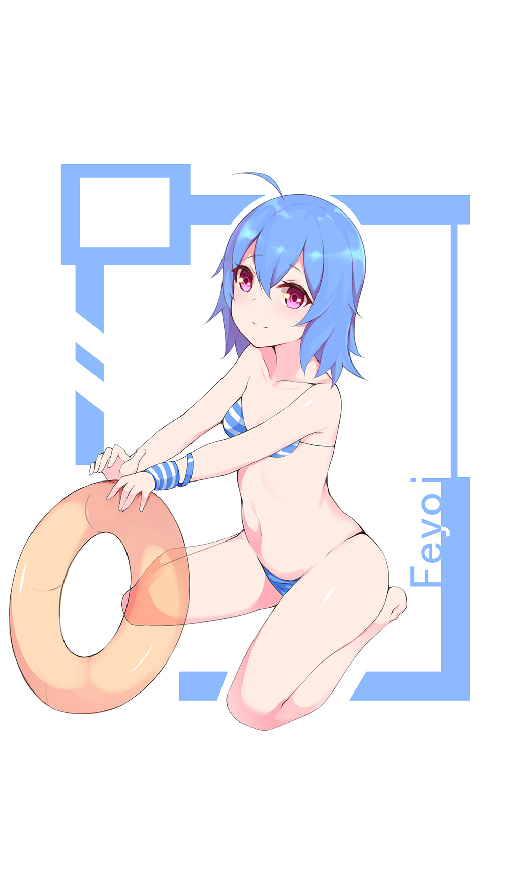 1girl, ahoge, bangs, bare_legs, bare_shoulders, barefoot, bikini, blue_hair