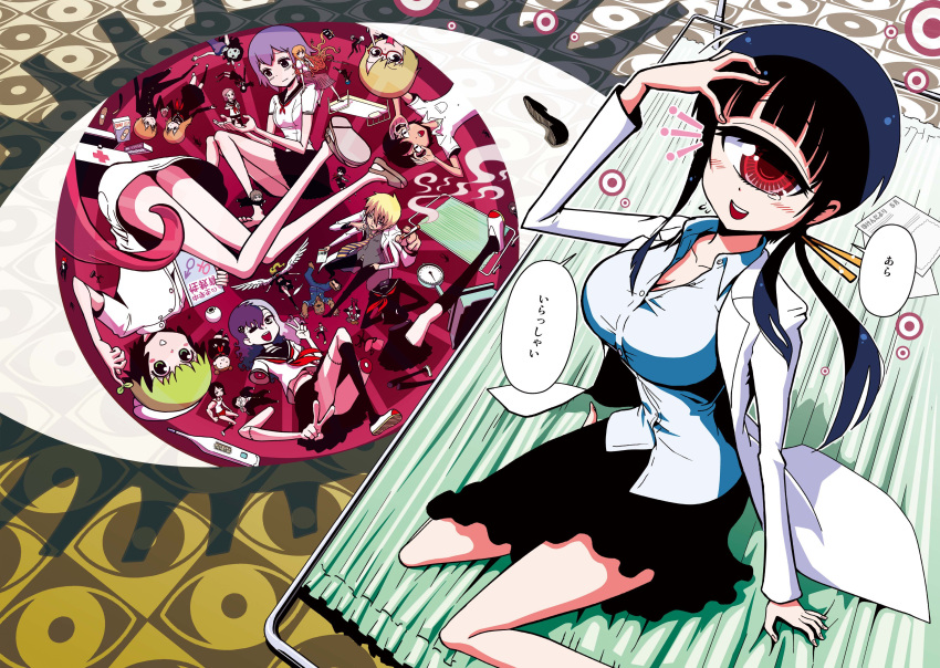 6+boys, 6+girls, absurdres, annotation_request, bandaid, bed, black_hair, blonde_hair