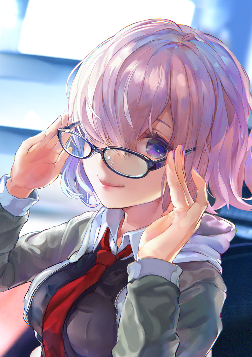 adjusting_eyewear, black-framed_eyewear, blurry, blurry_background, board_game, breasts, closed_mouth, fate/grand_order