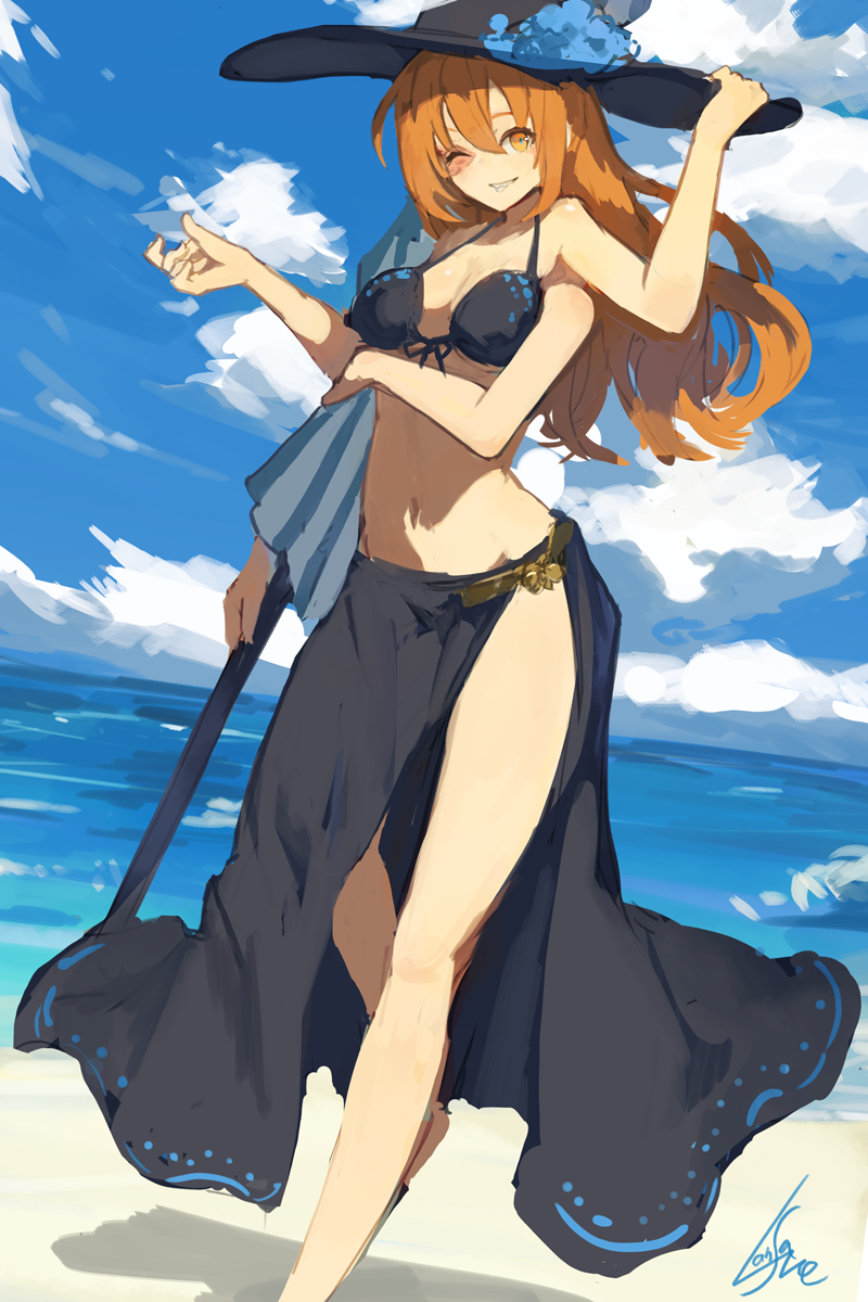 1girl, bikini, black_bikini, black_hat, blue_background, blue_flower, breasts, clouds