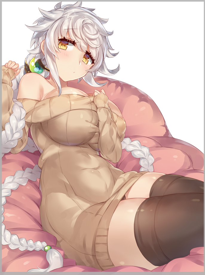 1girl, blush, border, braid, breasts, brown_legwear, brown_pants, brown_sweater