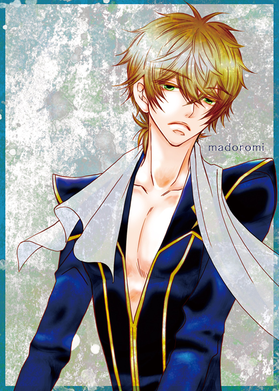1boy, brown_hair, clothes, code_geass, green_eyes, kou_(suzalulu), kururugi_suzaku, scarf, serious, simple_background