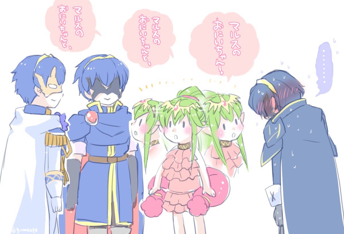 2boys, 2girls, black_gloves, blue_cape, blue_hair, blush, cape, chiki