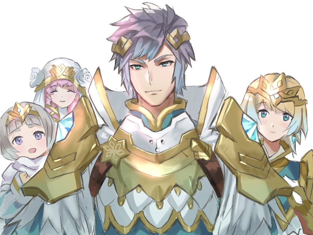1boy, 3girls, aqua_eyes, armor, blonde_hair, blue_hair, brother_and_sister, closed_eyes