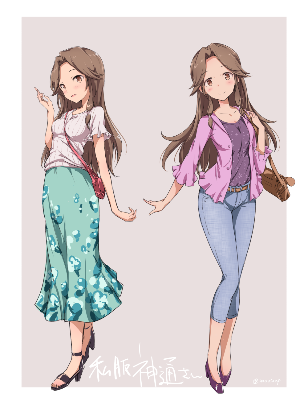 1girl, bag, belt, black_footwear, breasts, brown_bag, brown_eyes, brown_hair