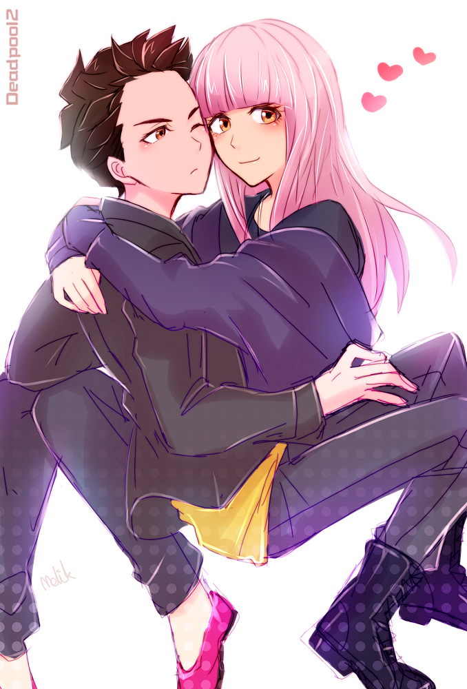 boots, brown_hair, commentary_request, deadpool_2, hug, jacket, long_hair, marvel
