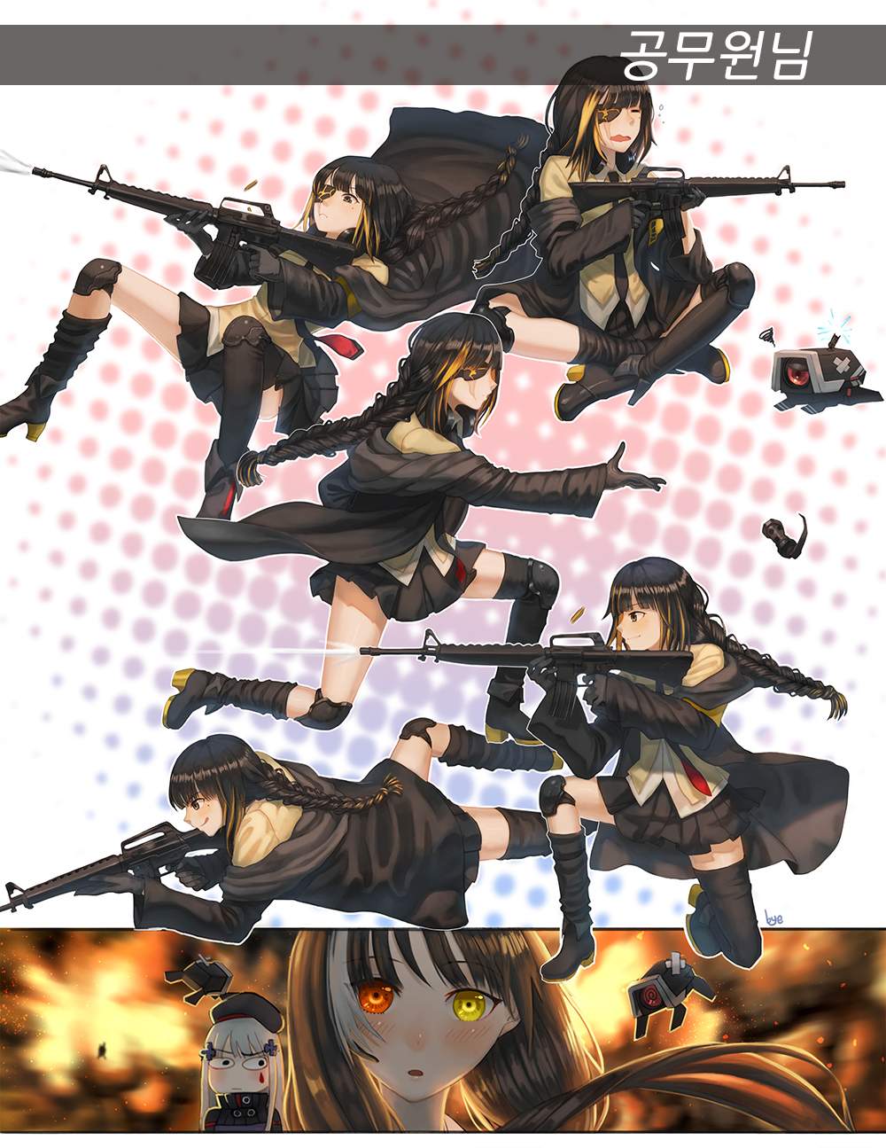 3girls, beret, blush, braid, brown_hair, bye, commentary, commentary_request