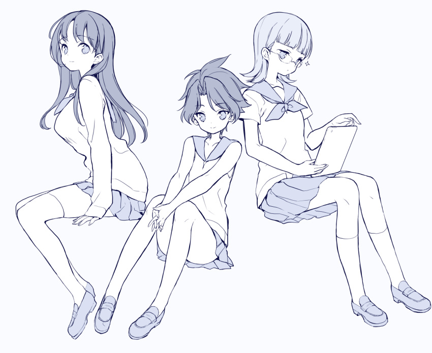 3girls, bangs, bare_arms, bare_shoulders, blunt_bangs, character_request, closed_mouth, eyebrows_visible_through_hair