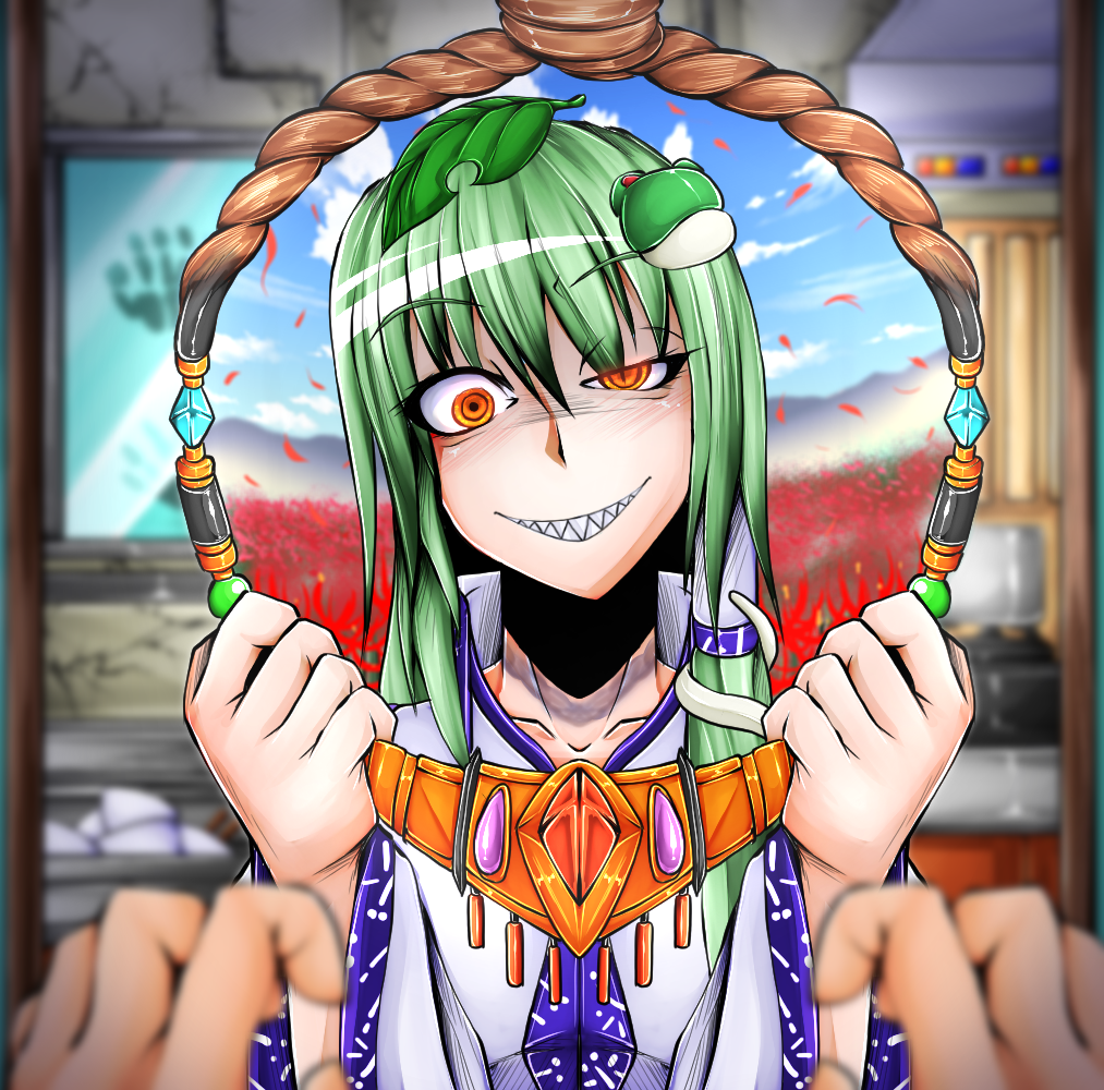 1girl, crazy_eyes, crazy_smile, evil_grin, evil_smile, eyebrows_visible_through_hair, frog_hair_ornament, futatsuiwa_mamizou